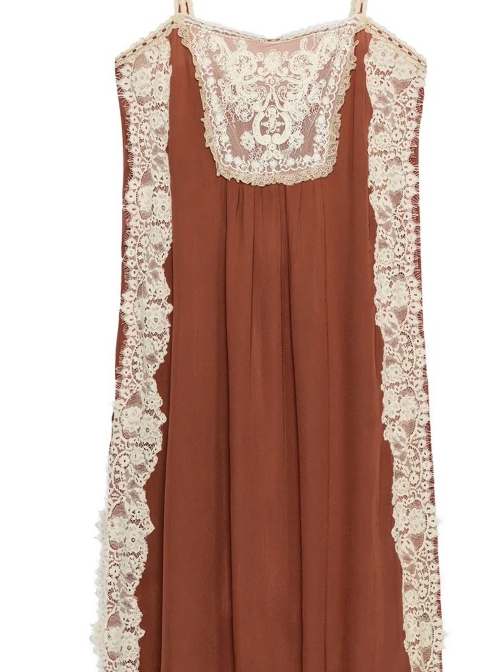 Zara ZW Collection Rust Brown Midi Dress with Cream Lace Trim NWOT